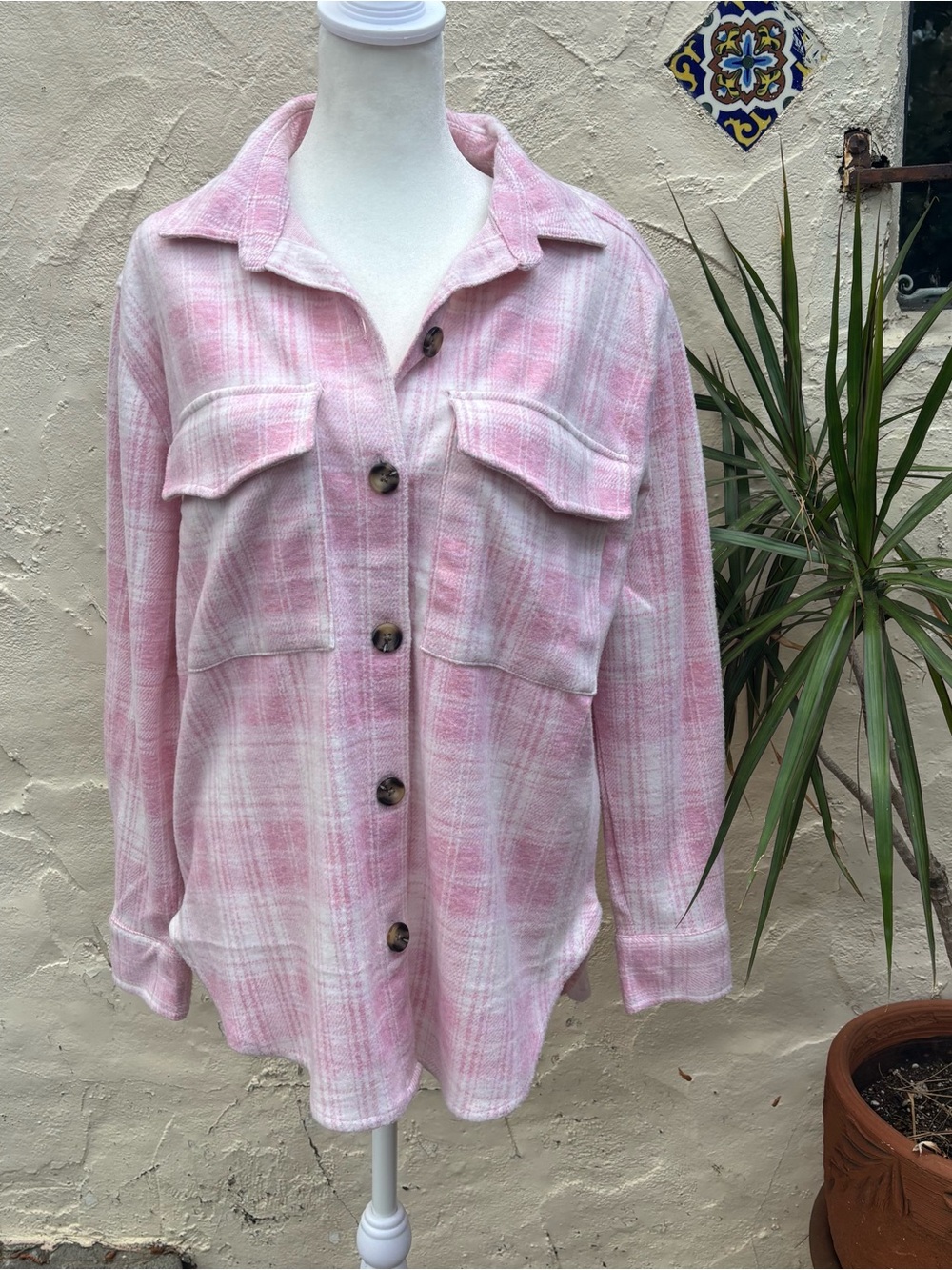 BEACH LUNCH LOUNGE Pink Plaid Button-Front Shacket - Picture 2 of 10